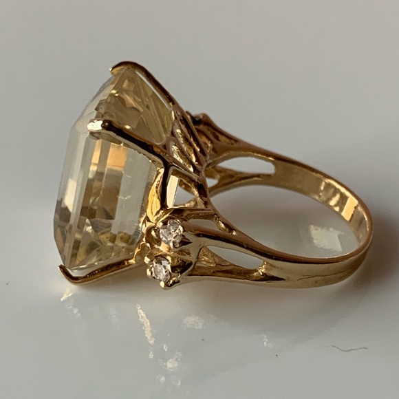 VINTAGE 14K YELLOW GLD HUGE EMERALD STEP CUT LEMON CITRINE QUARTZ RING STATEMENT - Picture 7 of 16